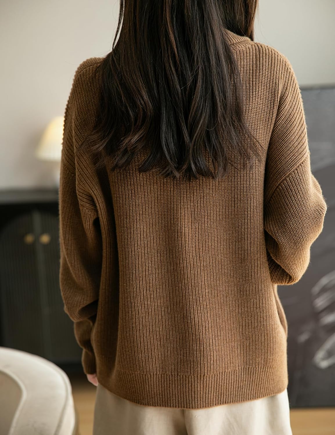 Women's Merino Wool Sweater V-Neck Ribbed 2025 Fall Winter Lapel Button Down Long Sleeve Knit Cardigan with Pocket - Image 6