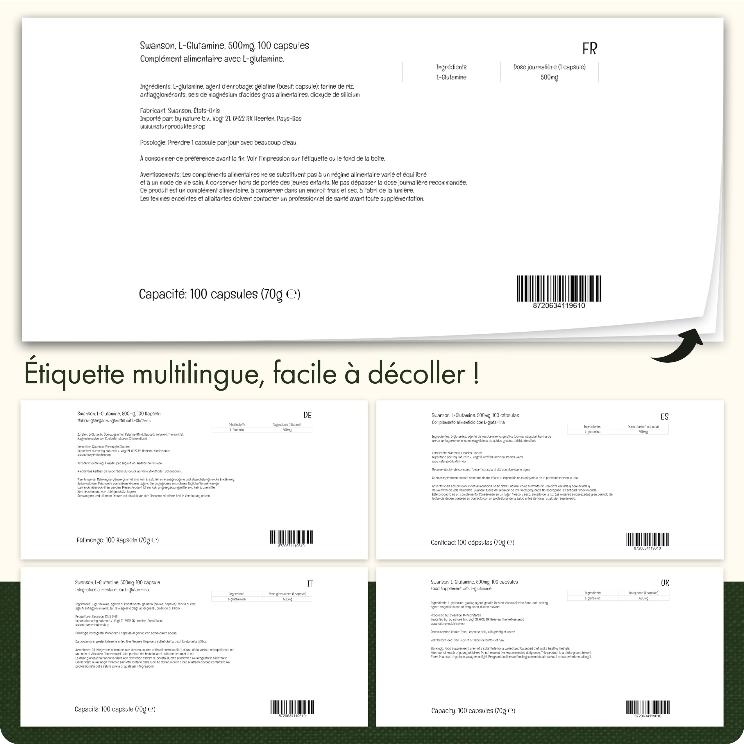 Swanson, L-Glutamine, 500mg, 100 Capsules, Acide Aminé, Haute Dosé, Sans Soja, Sans Gluten, Sans OGM
