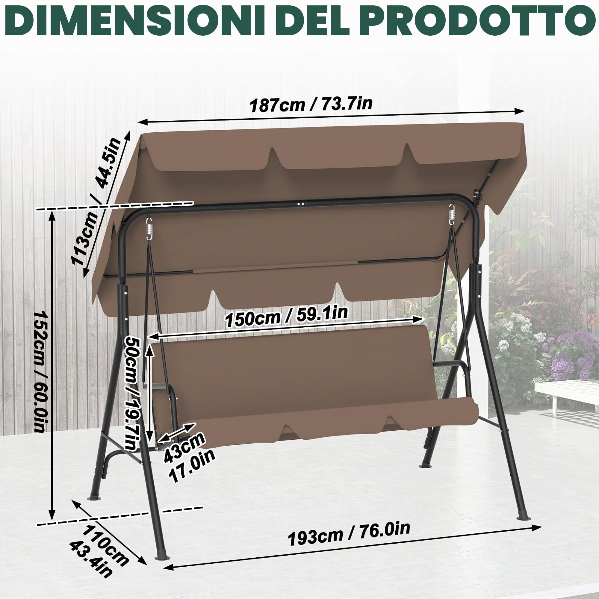 FIVMEN Dondolo da giardino a 3 posti, con rivestimento regolabile sul tetto, panca a dondolo da giardino, altalena sospesa, portata fino a 200 kg, 193 x 110 x 152 cm, marrone
