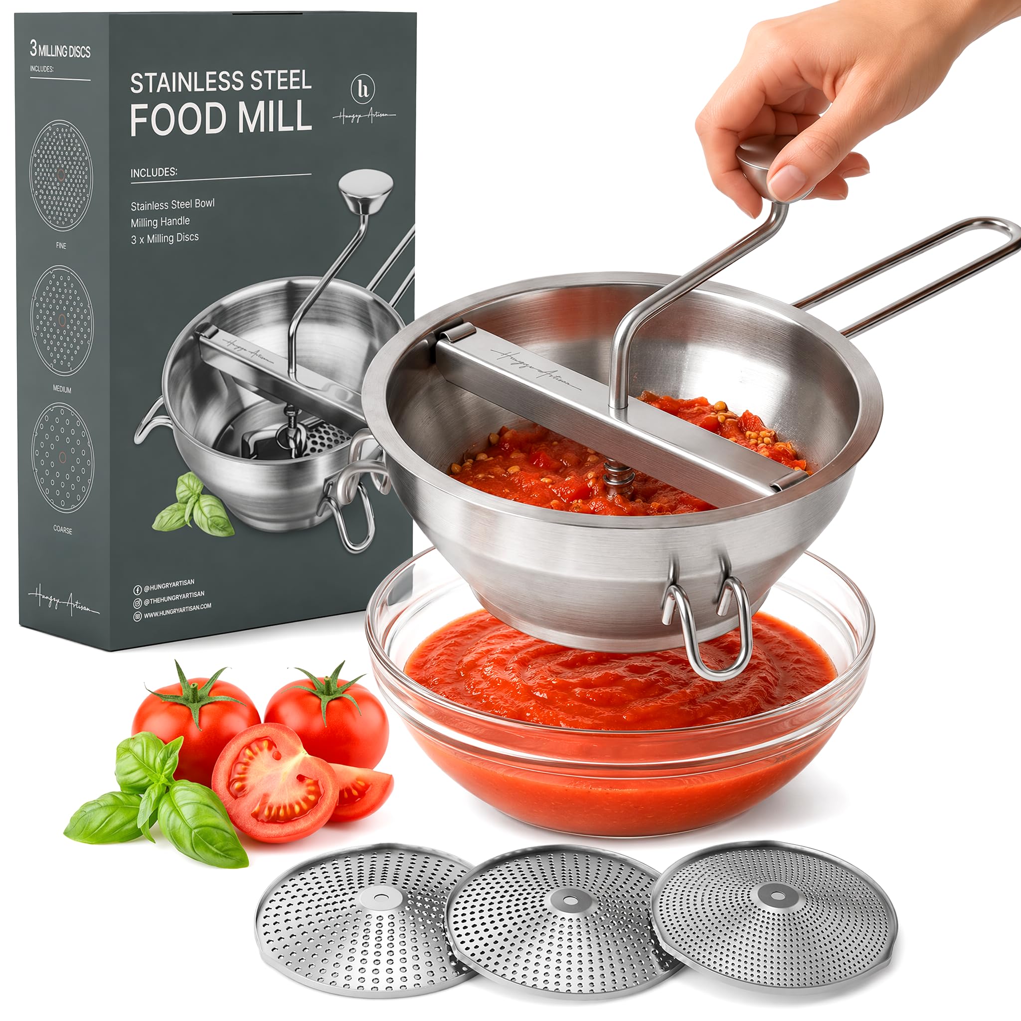 Ergonomic Food Mill Stainless Steel with 3 Grinding Discs - Rotary Food Mill for Tomato Sauce, Applesauce, Puree, Mashed Potatoes, Jams, Baby Food