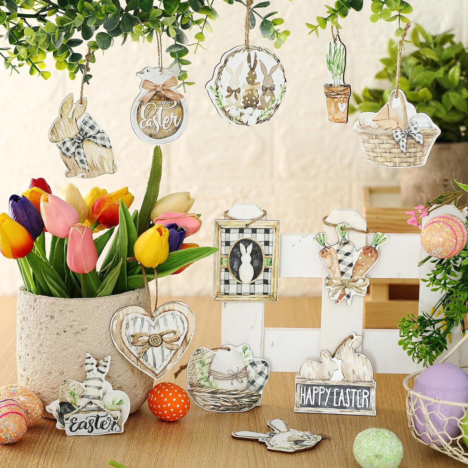 Huwena 36 Pcs Easter Hanging Ornaments Happy Easter Wooden Ornament Easter Bunny Carrot Wood Slices Decorations with Rope for Spring Easter Party Home Farmhouse Indoor Outdoor