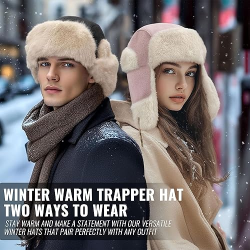 Vista 8 de Croogo Sombrero esquimal para clima frío, sombrero de trampero grueso de invierno, sombrero ruso Ushanka, resistente al viento, sombrero de esquí