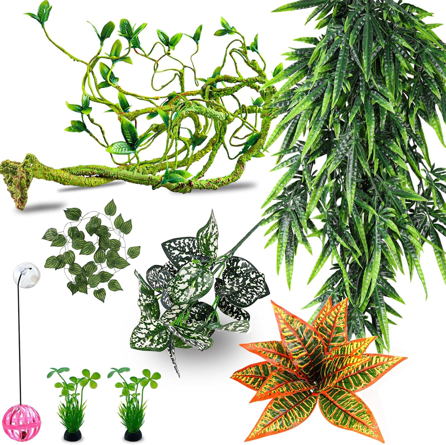 Repitle Plants for Bearded Dragon Tank Accessories, Terrarium Hanging Plants Artificial Leaves Reptile Decor Flexible Jungle Vine Tank Accessories for Gecko Ball Python Lizard Snake Chameleon
