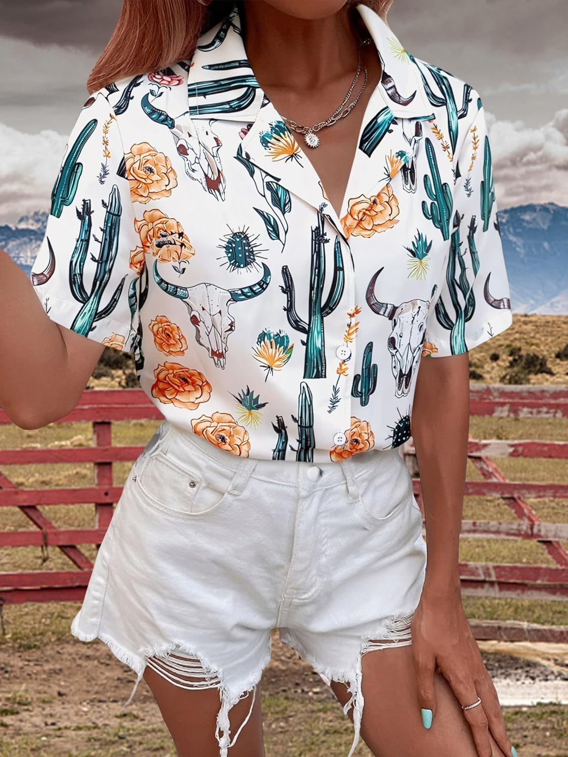 Western Button Down Shirts Women Cowgirl Vintage Print Short Sleeve Tops Cute Summer Country Concert Outfit - Image 4