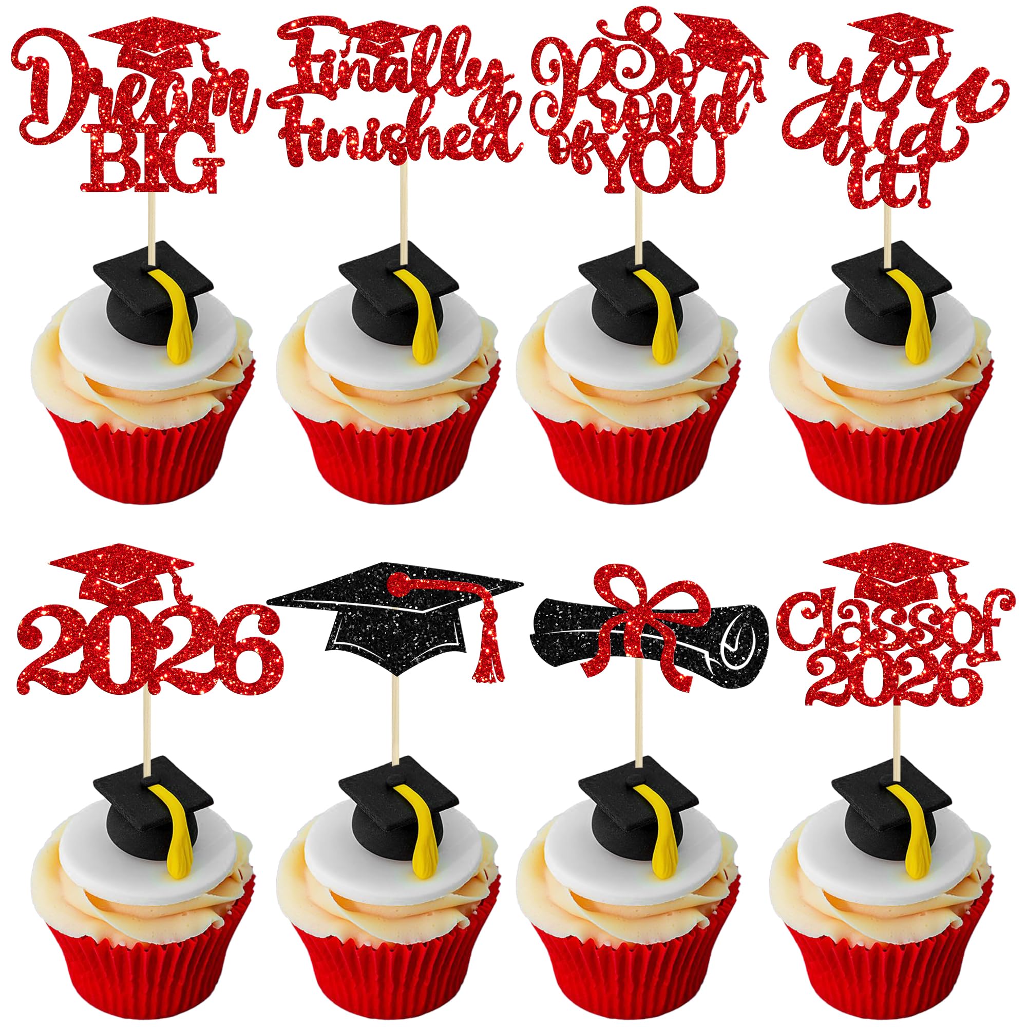 Gyufise 24Pcs 2026 Graduation Cupcake Toppers Glitter Class of 2026 So Proud of You Cupcake Picks Bright Future Congrates Grad Cake Decorations for 2026 Graduation Theme Party Supplies Red
