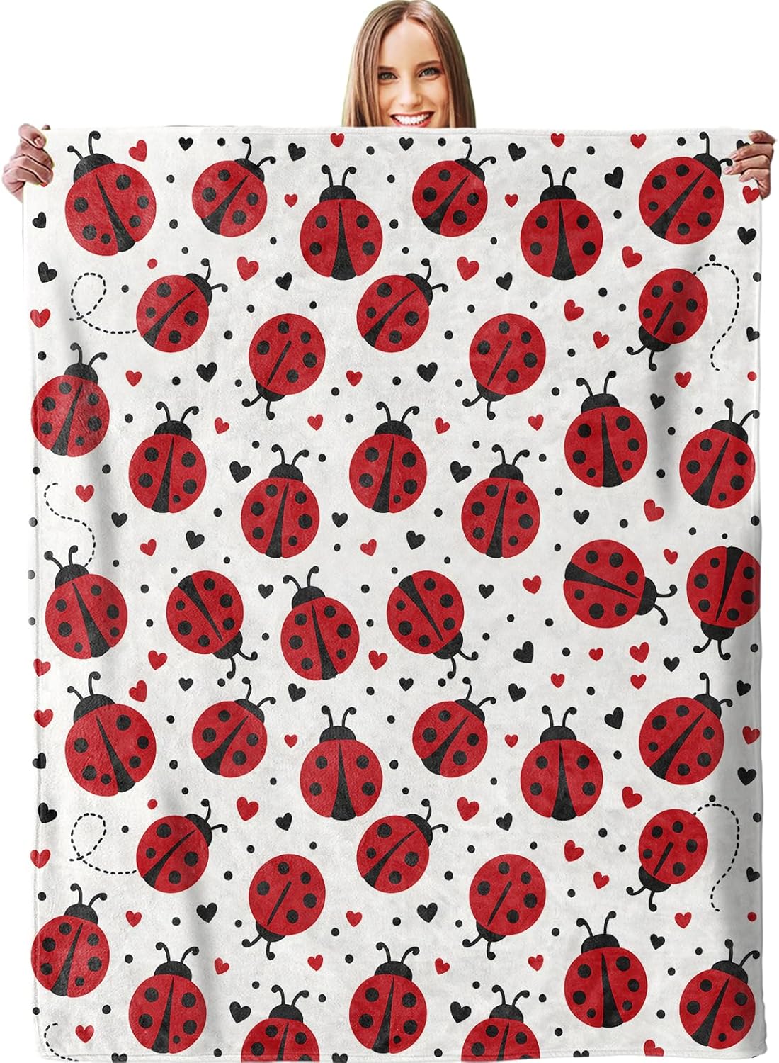 Cute Ladybug & Heart Blanket - Plush, Soft, Comfy, Lightweight, Warm, Fuzzy, Cozy Flannel Throw Blanket for Couch, Travel, Bed, Office, Outdoor - 50in×60in