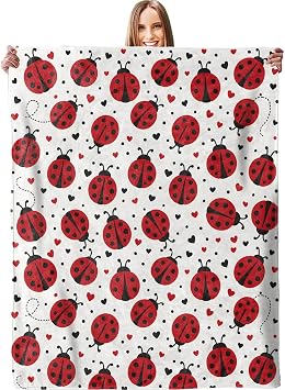 Cute Ladybug & Heart Blanket - Plush, Soft, Comfy, Lightweight, Warm, Fuzzy, Cozy Flannel Throw Blanket for Couch, Travel, Bed, Office, Outdoor - 50in60in