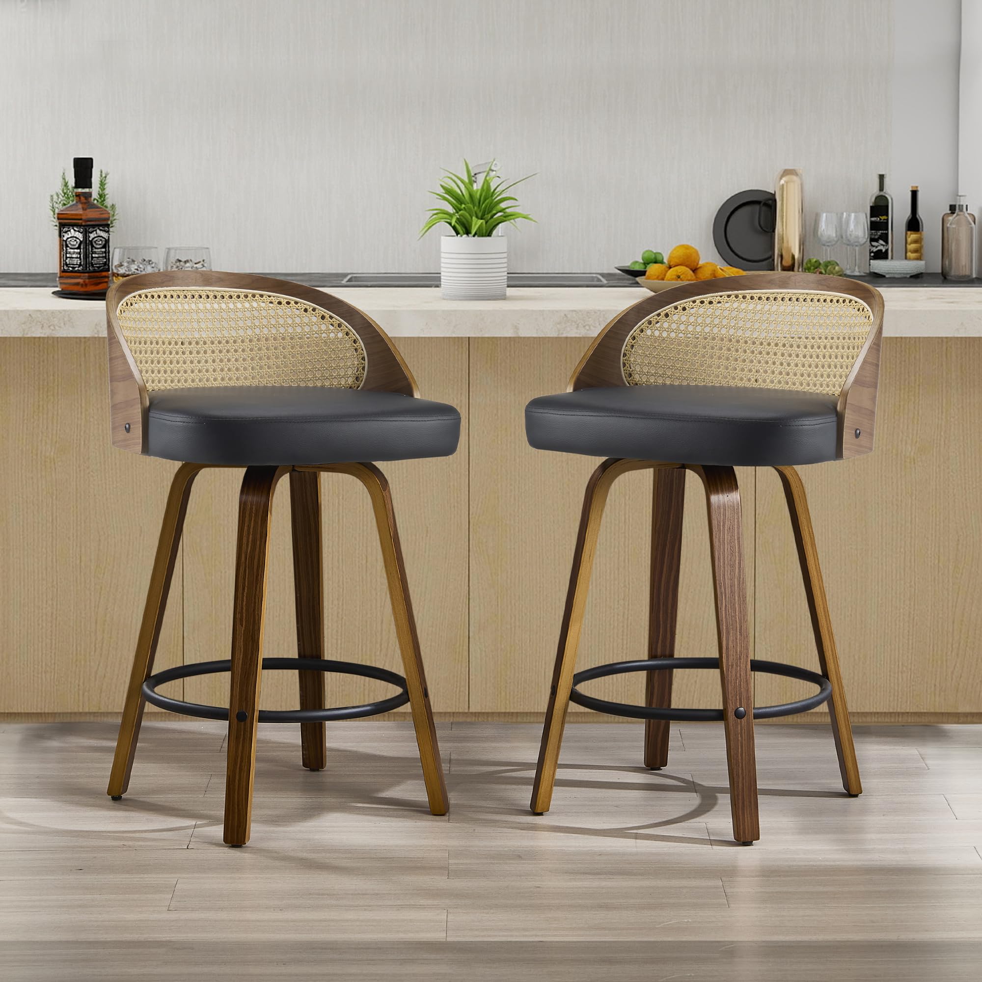 VipDesk 26 inch Swivel Bar Stools with Back, Set of 2 Mid-Century Modern Walnut Barstools, PU Leather Bar Chairs with Footrest for Kitchen Island,
