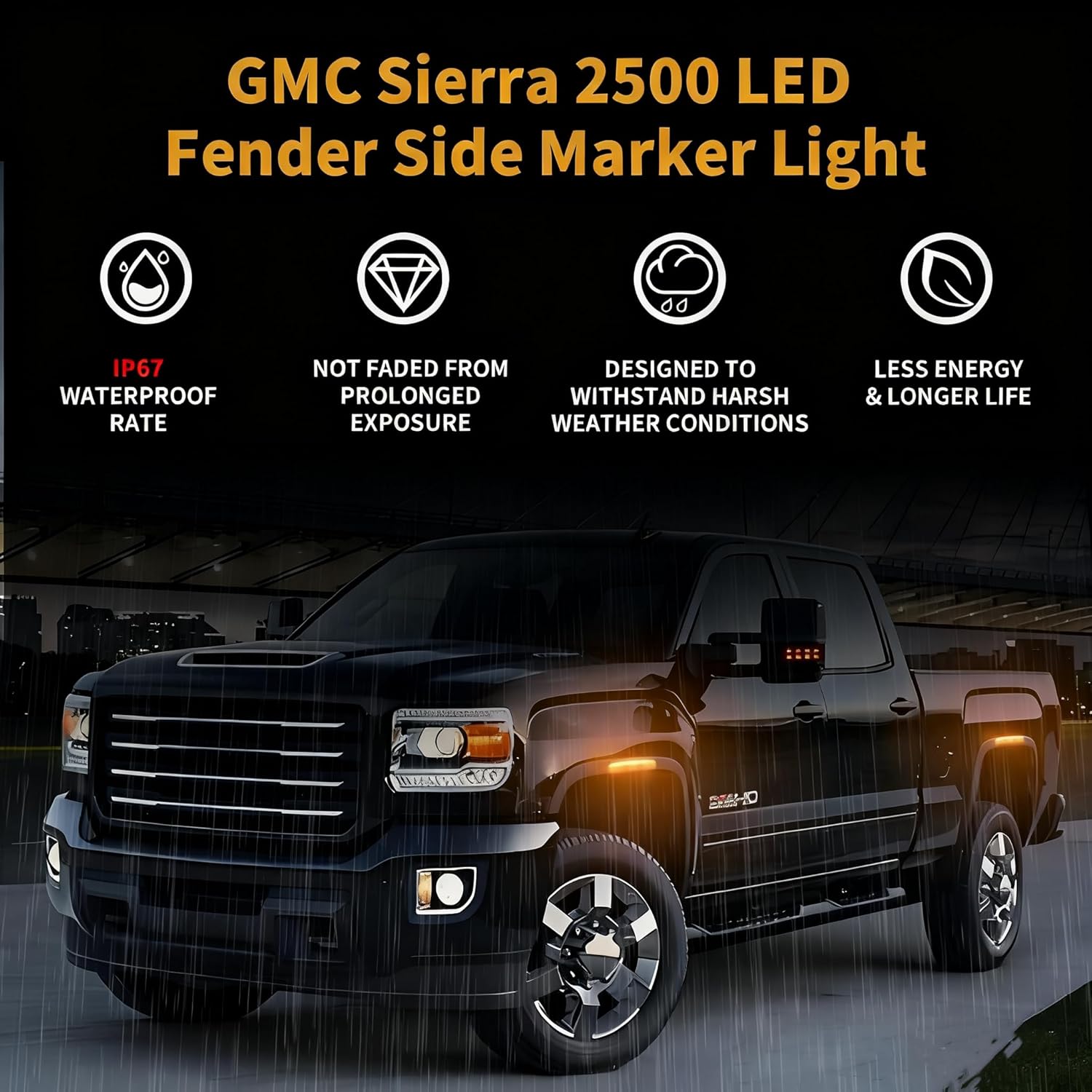 4PCS Smoked Lens LED Side Marker Lights replacement for 2020-2024 GMC Sierra 2500HD 3500HD, Amber Front & Rear Fender Lamp Assembly Replacement Kit Indicator