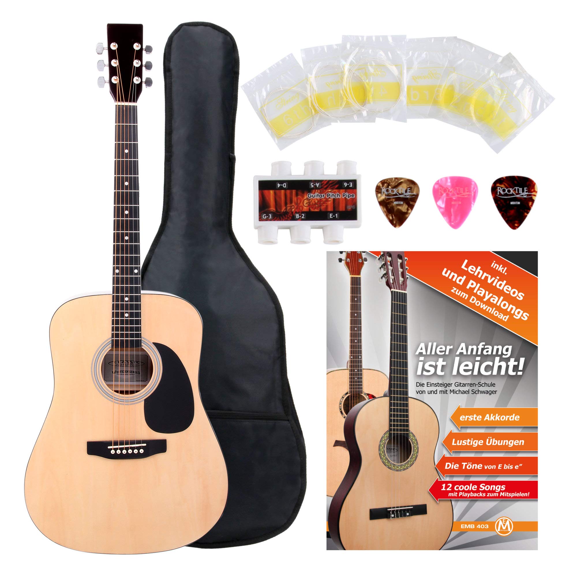Classic Cantabile WS-10NAT Westerngitarre Starter-Set (Dreadnought-Style, 6 Saiten, 20 Bünde, inkl. Zubehörset, Gitarrentasche, Notenheft, Saiten, Plektren) natur