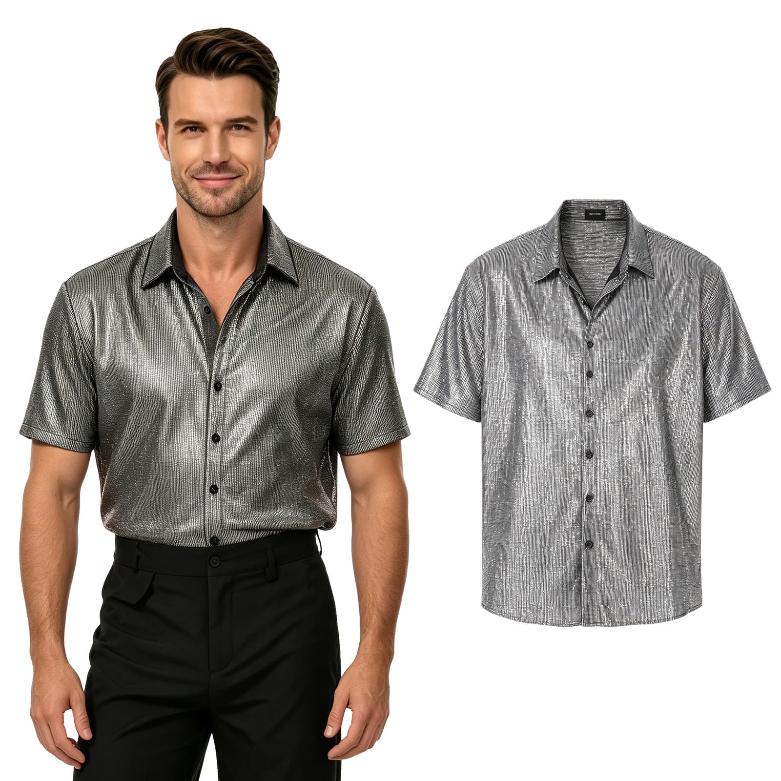 Crubelon Men's Sequin Short Sleeve Shirt Retro Disco Party Shirt Shiny Stage Performance Top for 70s Theme Events (Silver, M)