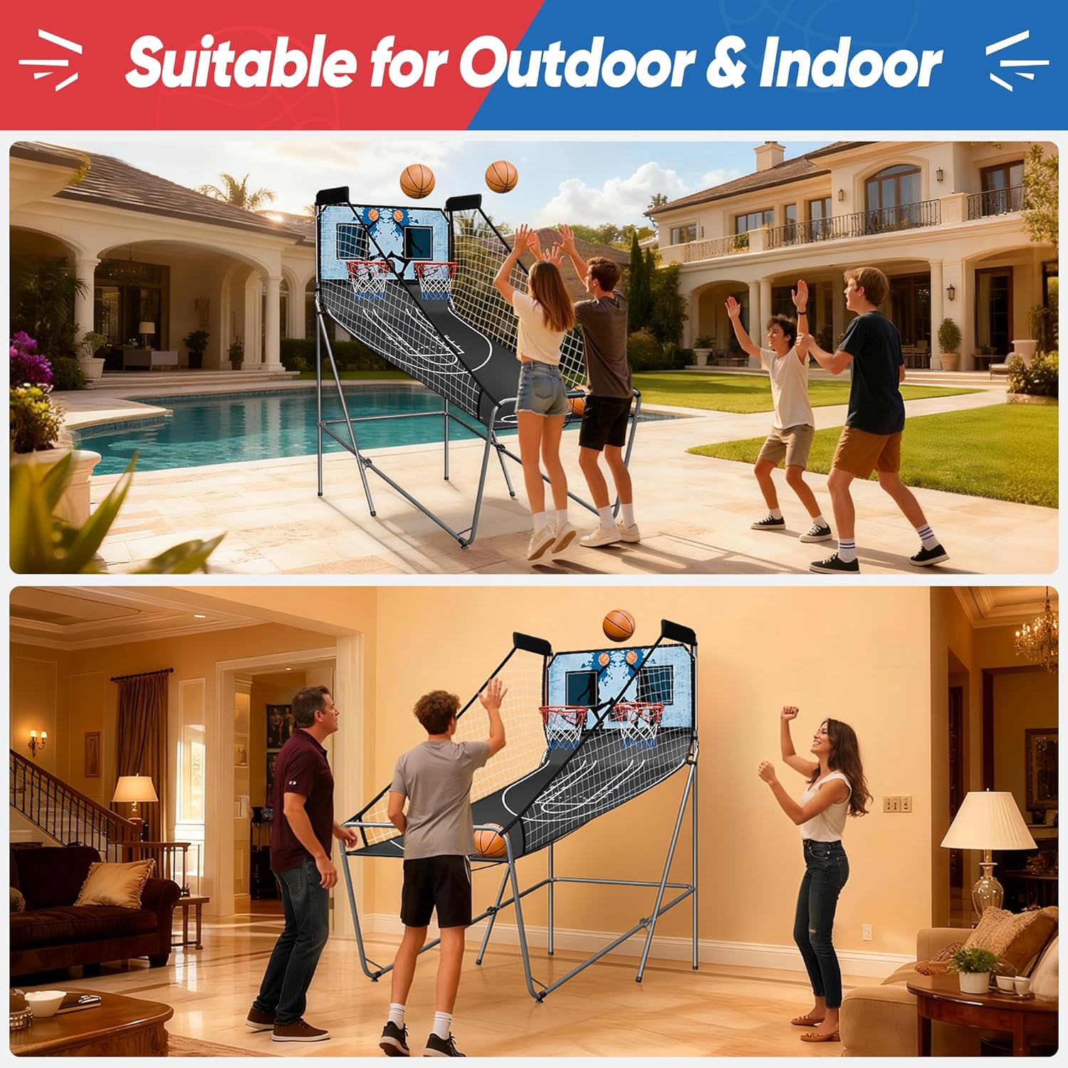 Foldable Indoor Basketball Arcade Game with Electronic Scoreboard 4 Balls and Pump, Double Shot Electronic Sport Game for Two Players