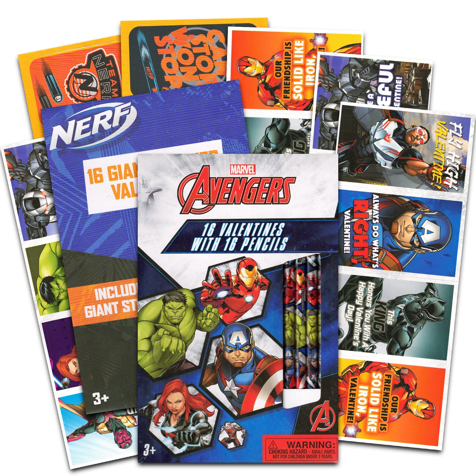 Amazon.com: Marvel Avengers and Nerf Valentines Cards for Classroom - 16 Avengers  Valentine Cards with Pencils and 16 Nerf Sticker Cards (32 Valentine  Exchange Cards) : Toys & Games