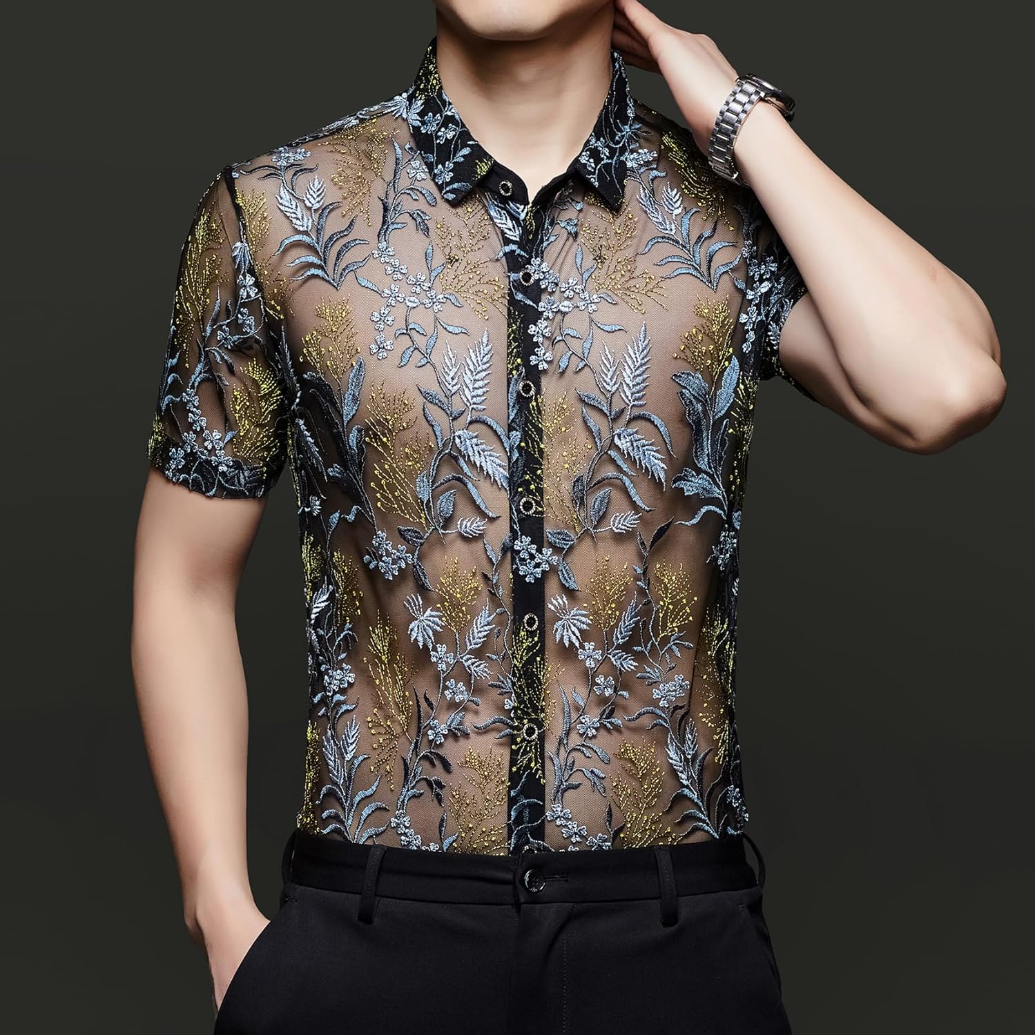 MOKEWEN Men's Punk Elegant See Through Lace Short Sleeve Shirts