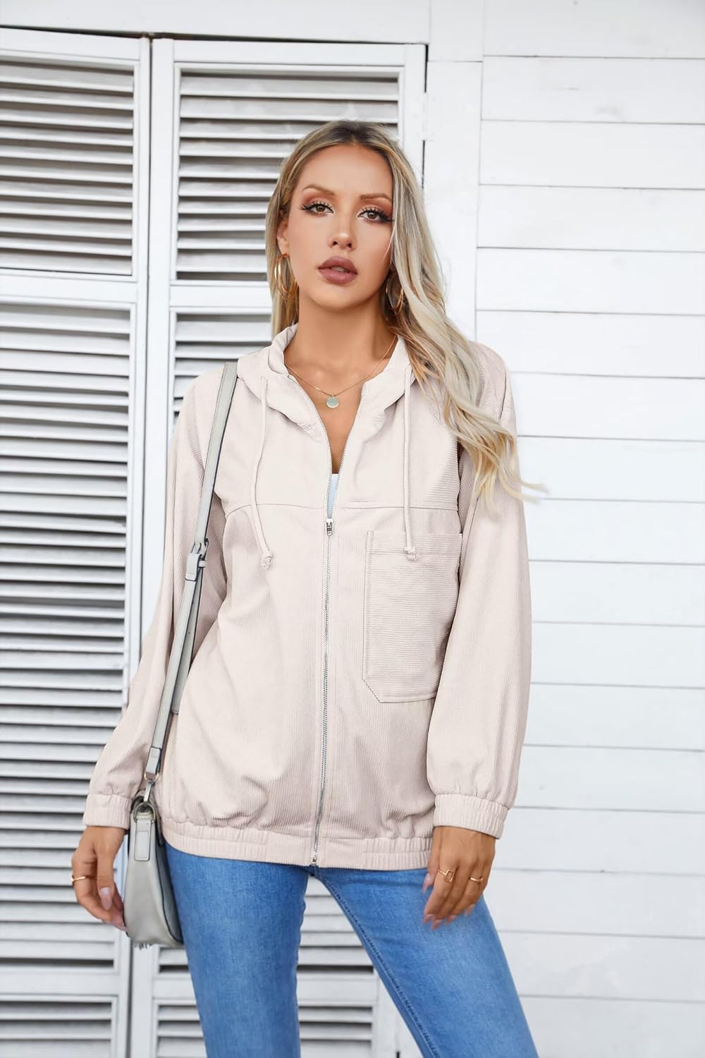 VICHYIE Corduroy Drawstring Hooded Pocket Zip Up Jacket Loose Shacket Coat - Image 4