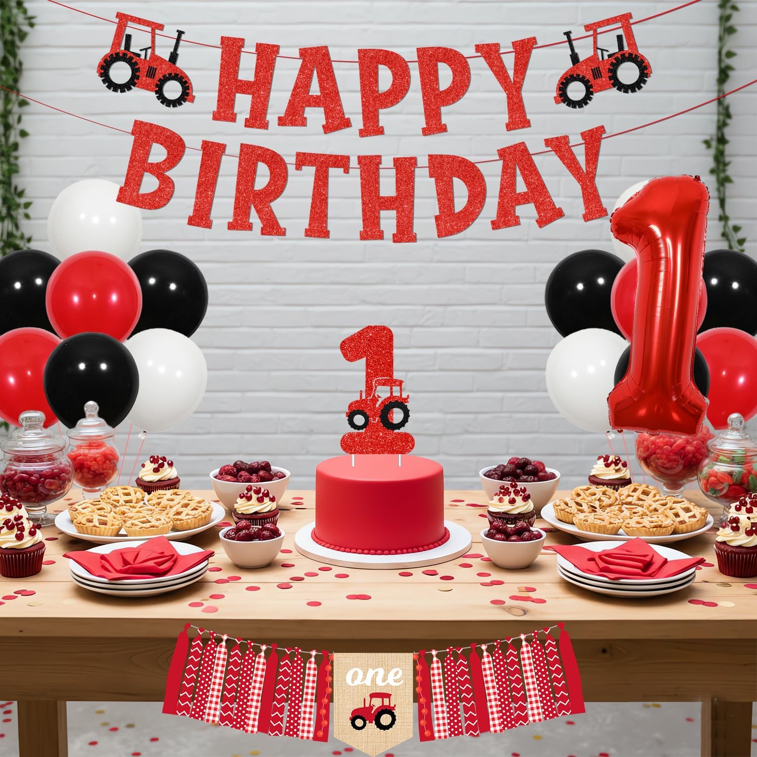 Red Tractor 1st Birthday Party Decorations Farm Tractor Happy Birthday Banner Gold Glitter Tractor Cake Topper Balloons for Kids Boys Girs First Birthday Party Supplies