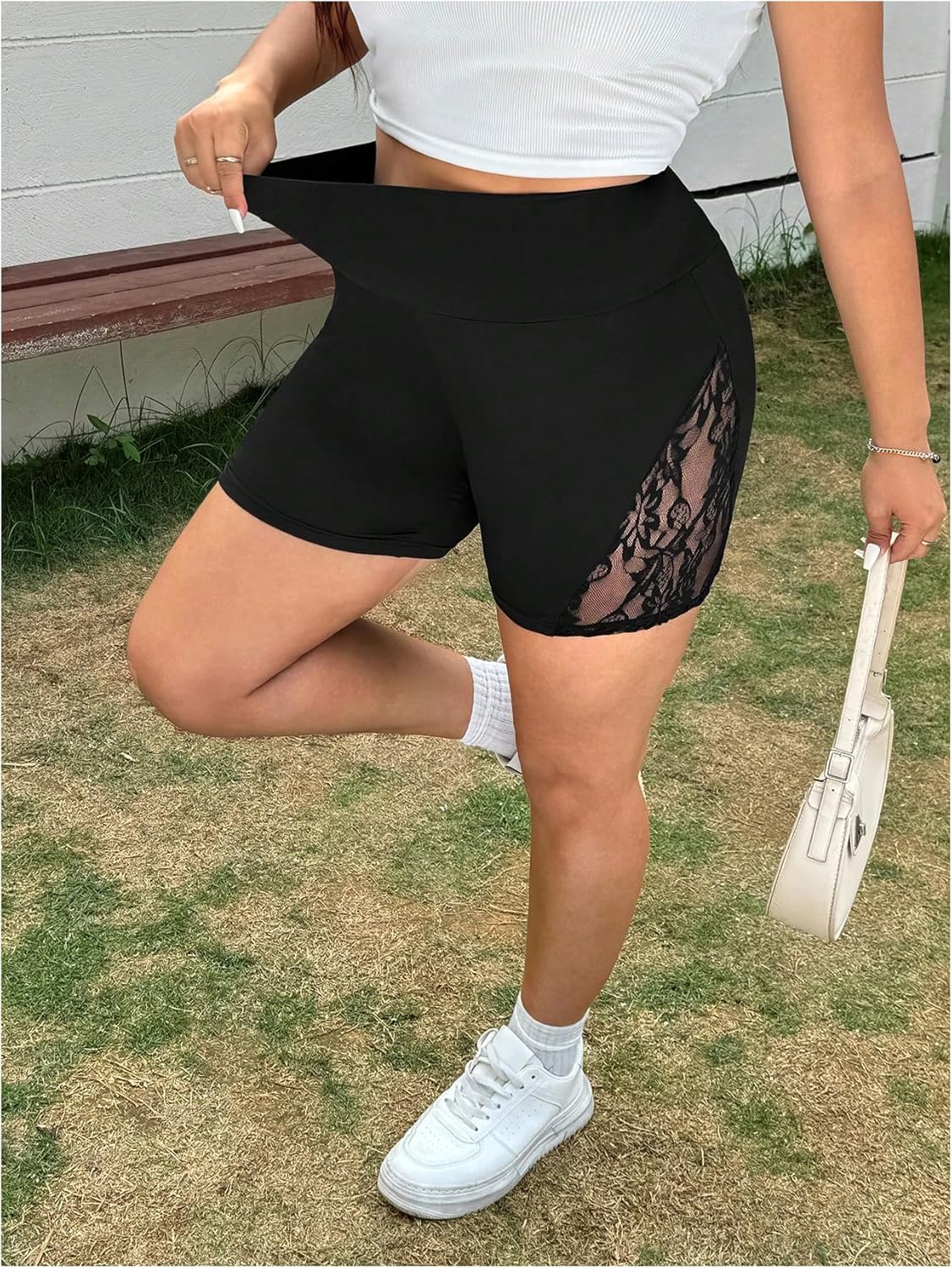 Verdusa Women's Plus Size Legging Shorts Lace Stretchy Leggings High Waist Skinny Shorts