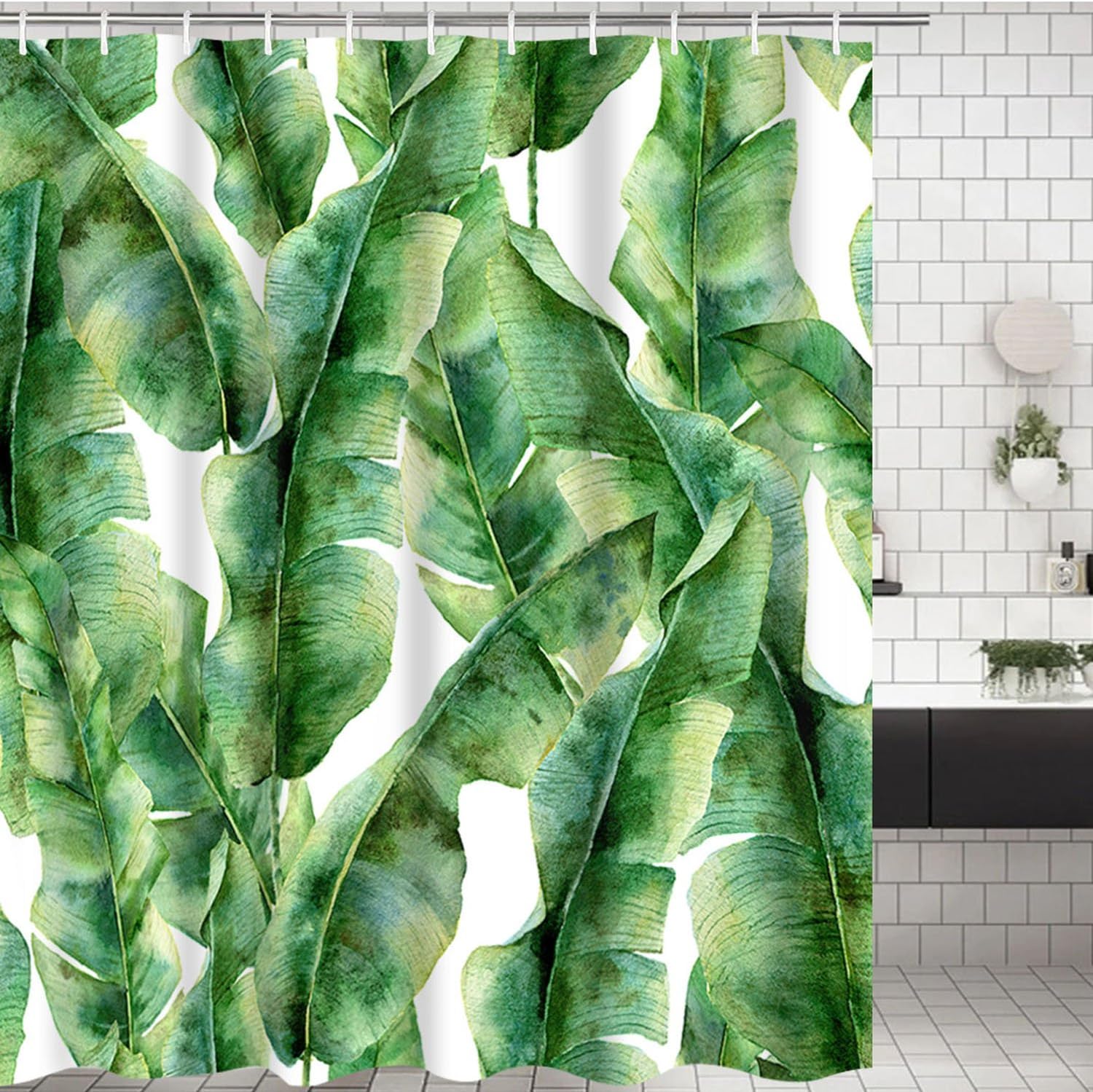 Banana Leaf Bathroom Shower Curtain Green Banana Palm Leaves Shower Curtains with 12 Hooks, Durable Bath Curtain Waterproof Bathroom Curtain