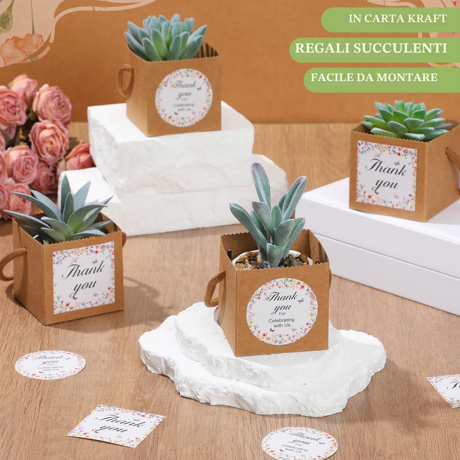 Faccito Set di 60 Sacchetti Regalo per Piante Succulente con Adesivi di Fiori Selvatici, Scatola Regalo per Piante in Carta Kraft con Manici, Adatta per Vasi da 6,35 cm, Ideale per Doccia di Benessere