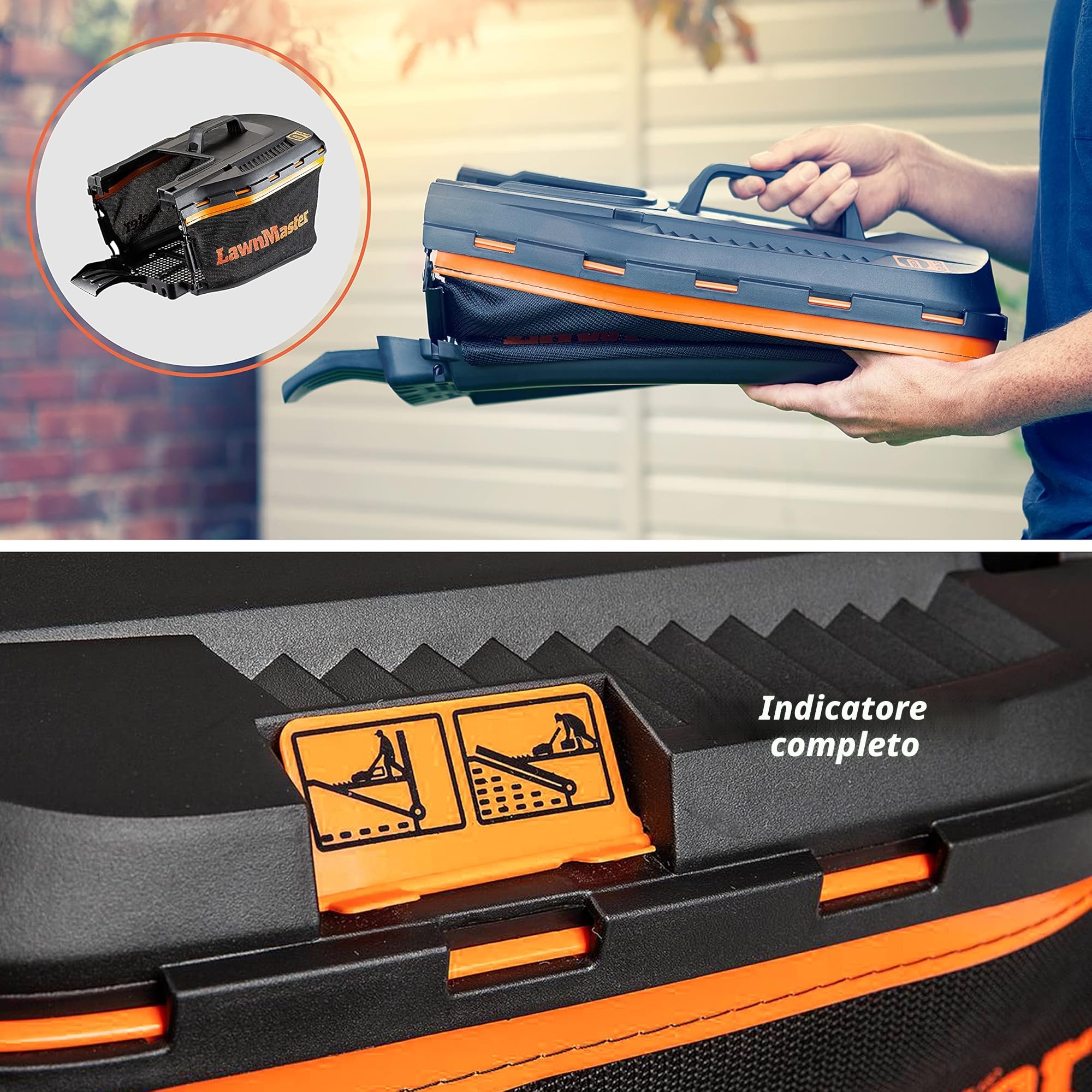 LawnMaster CLMF2434G Tagliaerba Senza Filo 24V Max 2x4.0Ah Batteria, 34cm Fino a 300m², Altezza di Taglio a 6 Livelli 20-70mm, Capacità di Raccolta 32L
