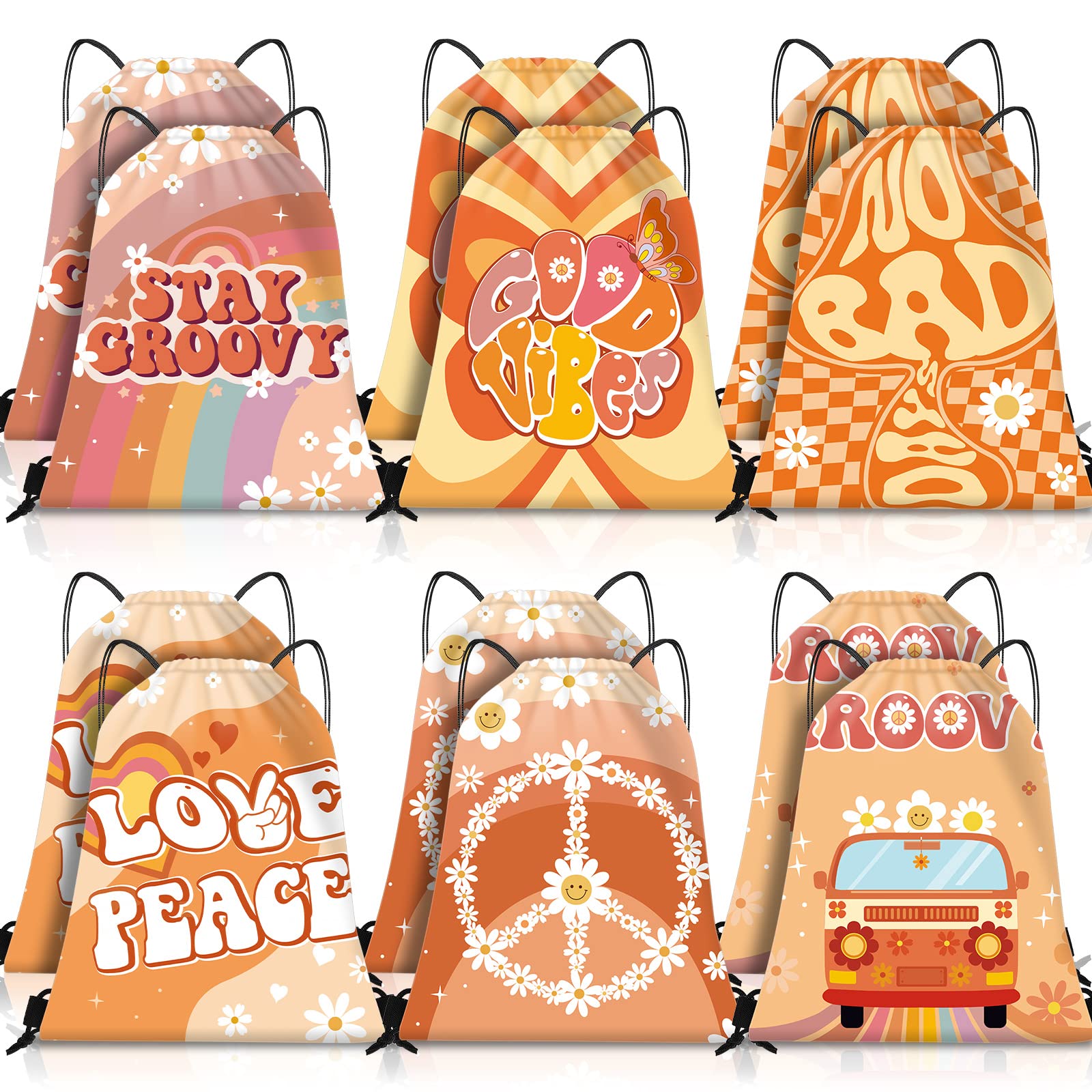 AmyloveGroovy Party Favor Bags Drawstring Backpack Groovy Party Decorations Hippie Boho Daisy Flower Colorful Gift Bags for Kids Supplies Goodie Candy Bag Birthday Baby Shower Wedding (24 Pcs)