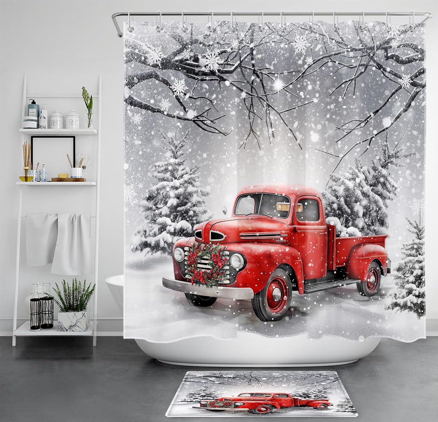 LB Red Truck Christmas Shower Curtain Sets with Rugs Xmas Wreath and Pine Tree on