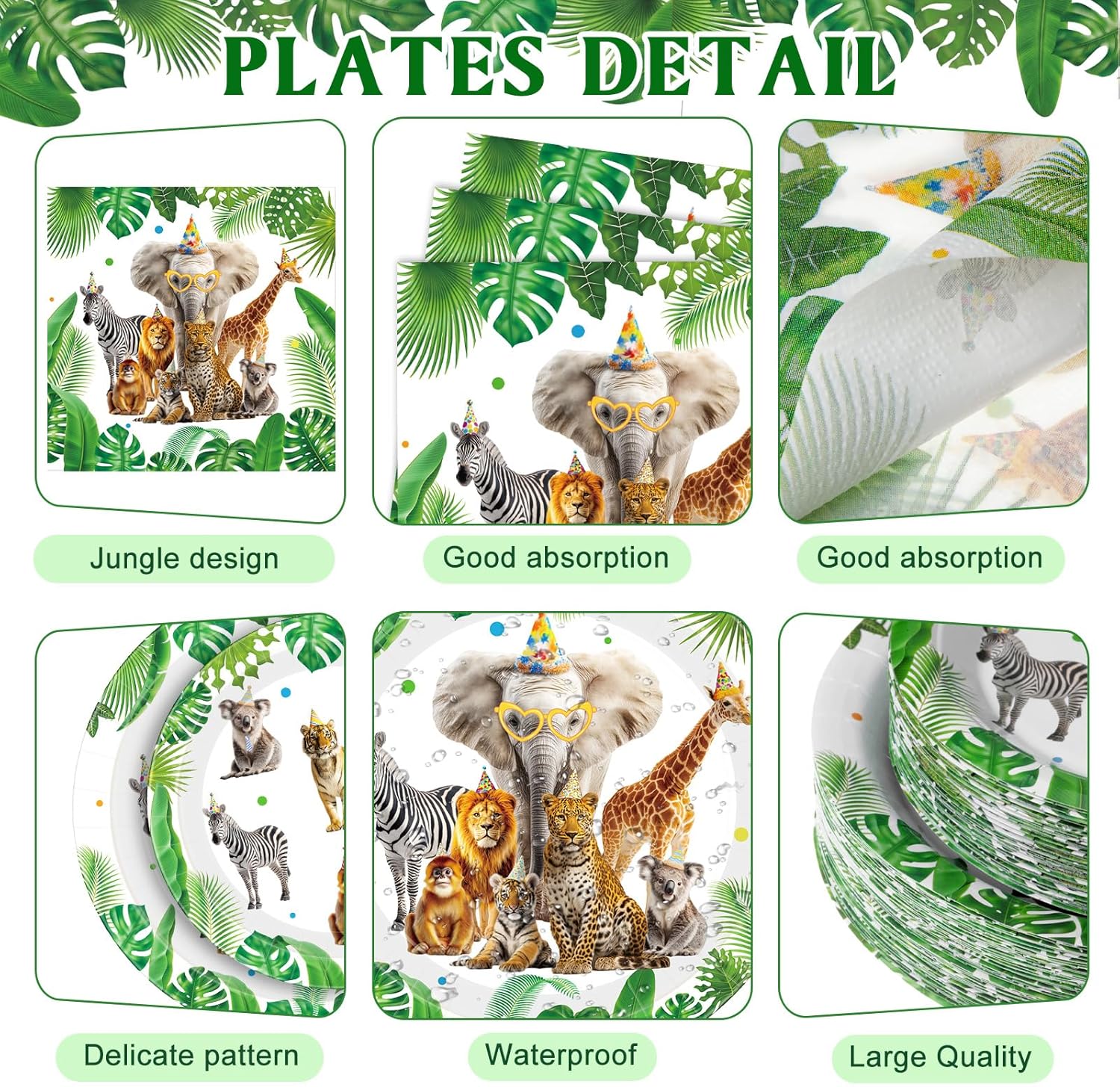 400 Pcs Safari Happy Birthday Party Supplies for 50 Guests Jungle Animals Paper Plates and Napkins Knives Spoon Fork Cup Wild Animals Lion Tiger Dinner Sets for Zoo Birthday Party