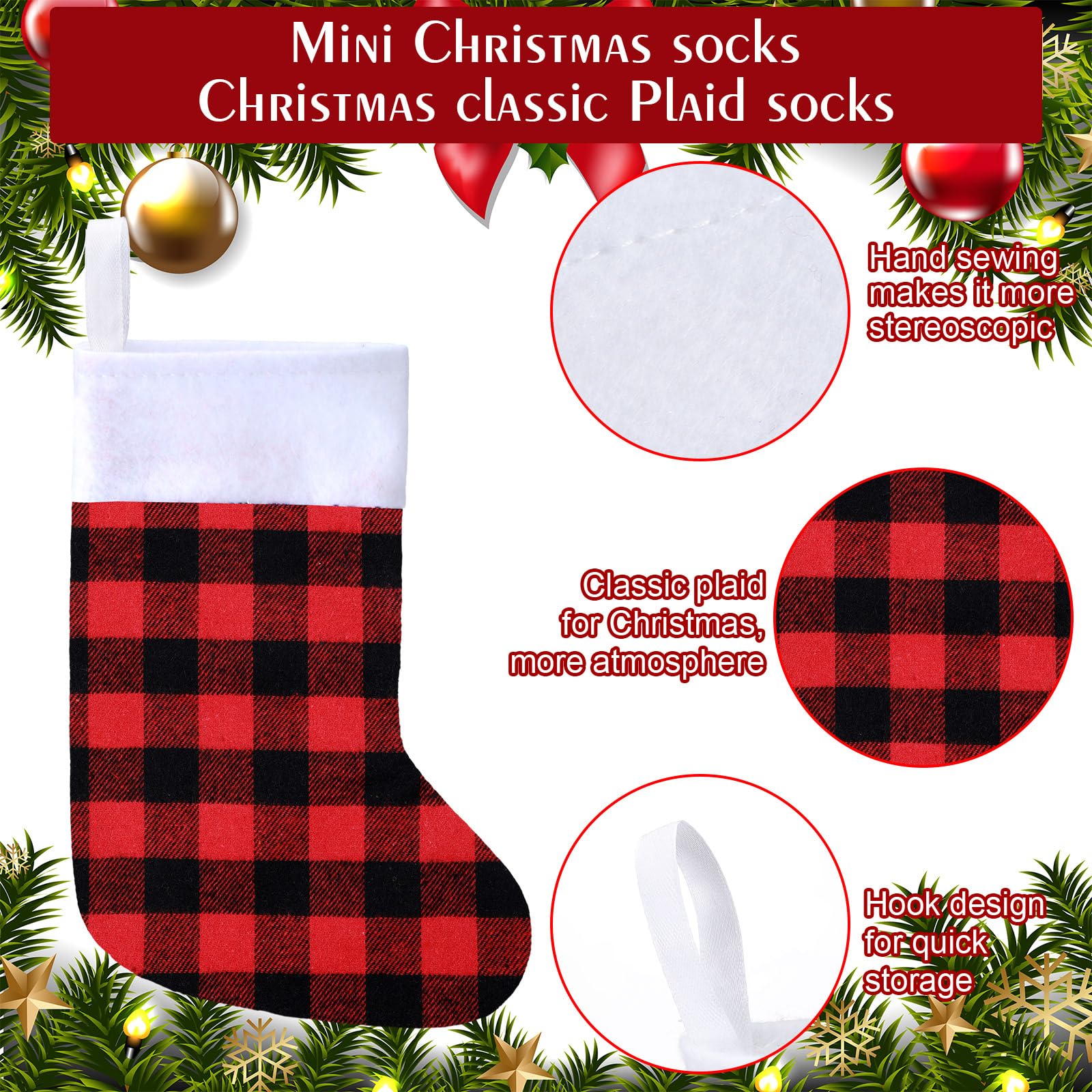 Skylety Lot de 36 mini chaussettes de Noël à suspendre pour sapin de Noël, cheminée, décoration de fête - 10 x 21 cm