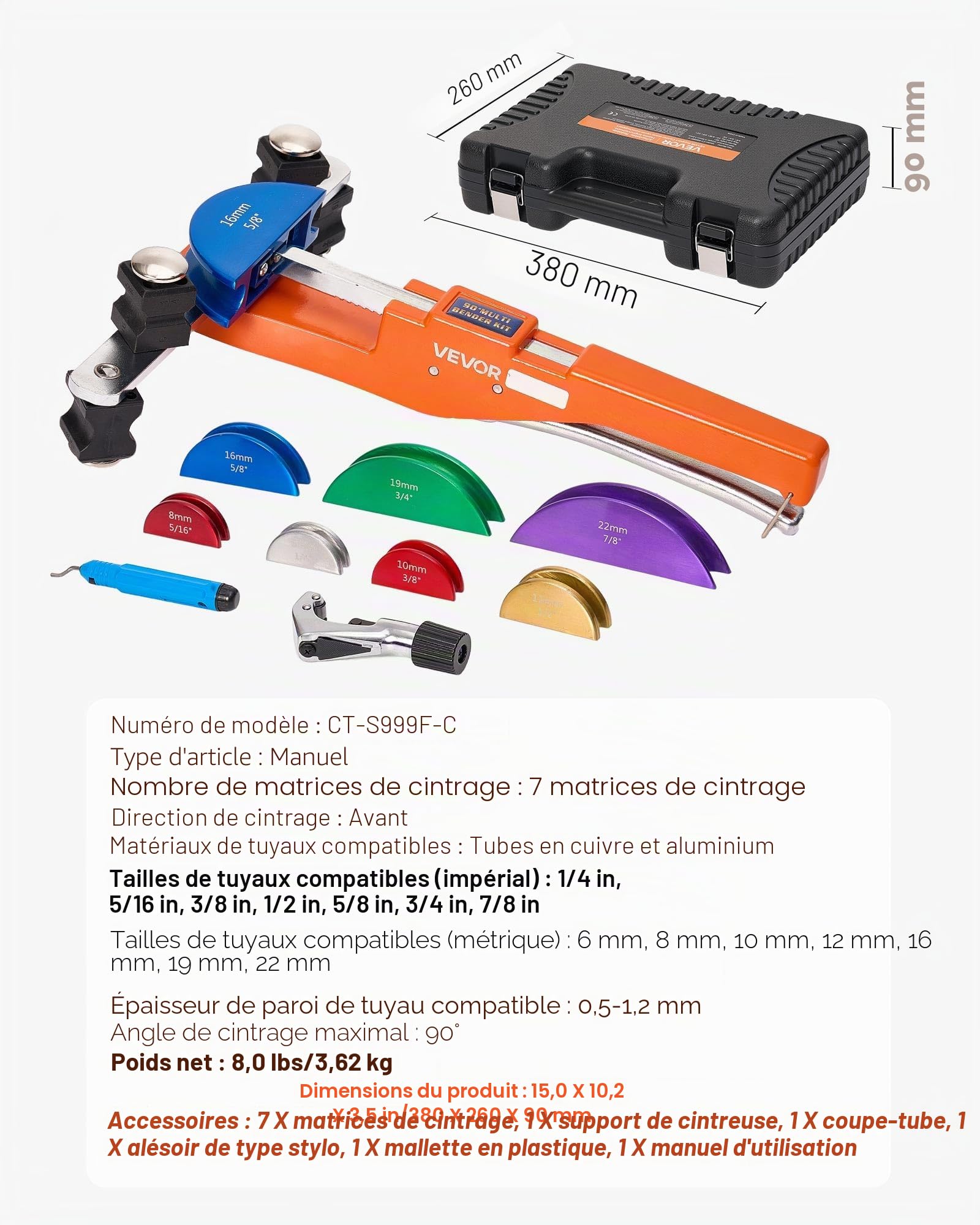 VEVOR Cintreuse Arbalète 6-22 mm Cintreuse Tube à Cliquet Manuelle Outil Cintrage Tube Cuivre Aluminium Compacte pour Réparation Climatisation Réfrigération, avec 7 Matrices Alliage Aluminium Couleur