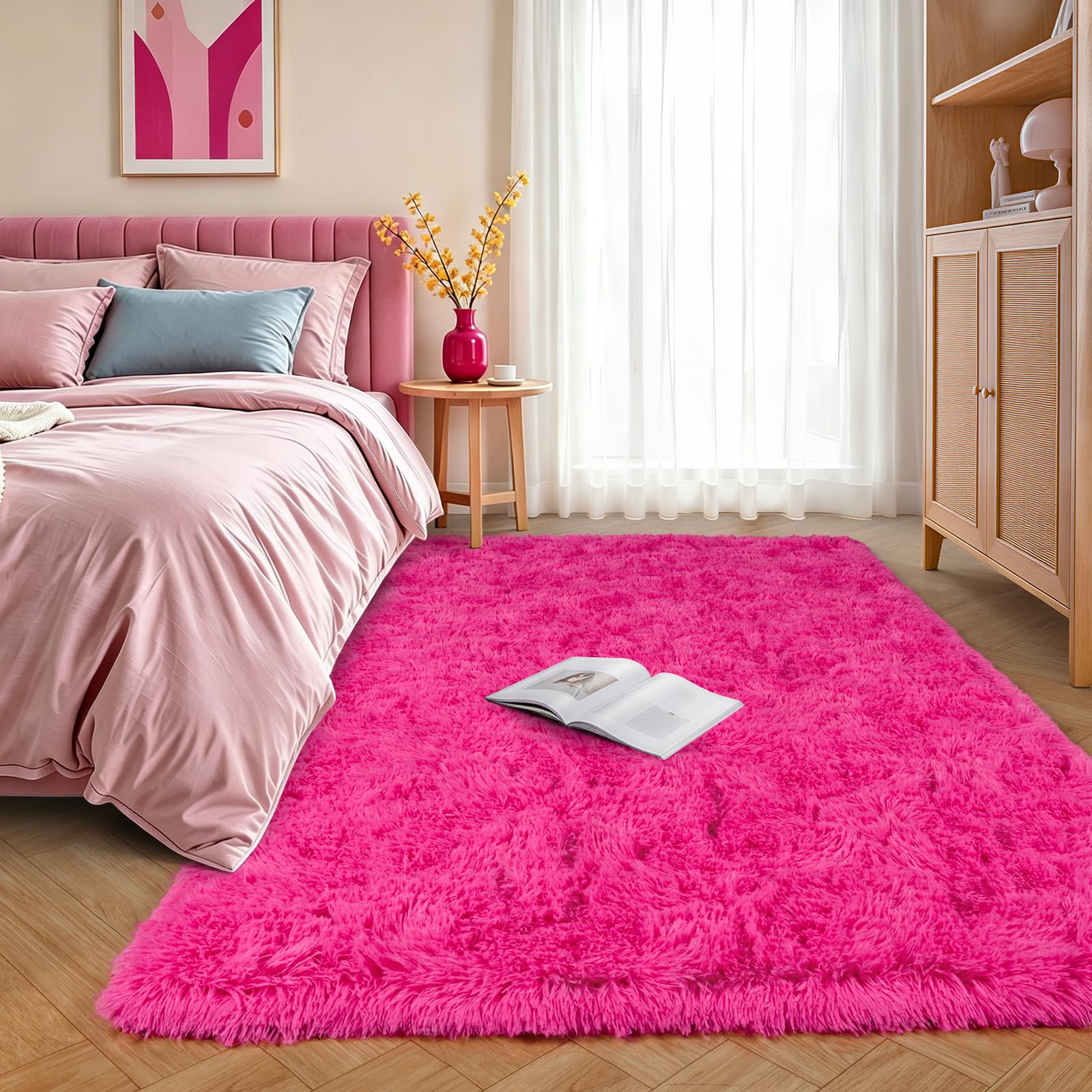 iEvery Hot Pink Rugs for Girls Bedroom 120x160 cm - Fluffy Shaggy Beside Rug Non-Slip, Soft High Pile Modern Floor Carpet for Living Room Playroom Lounge Kids Room