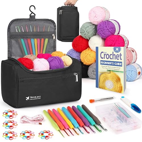 Reessy Crochet Kit, 88PCS Crochet Kits for Beginners Adults include Instructions Crochet Hooks 15Pcs × 25g Yarn Storage Bag and Knitting Accessories, Complete Beginners Crochet Kit - Black - Black