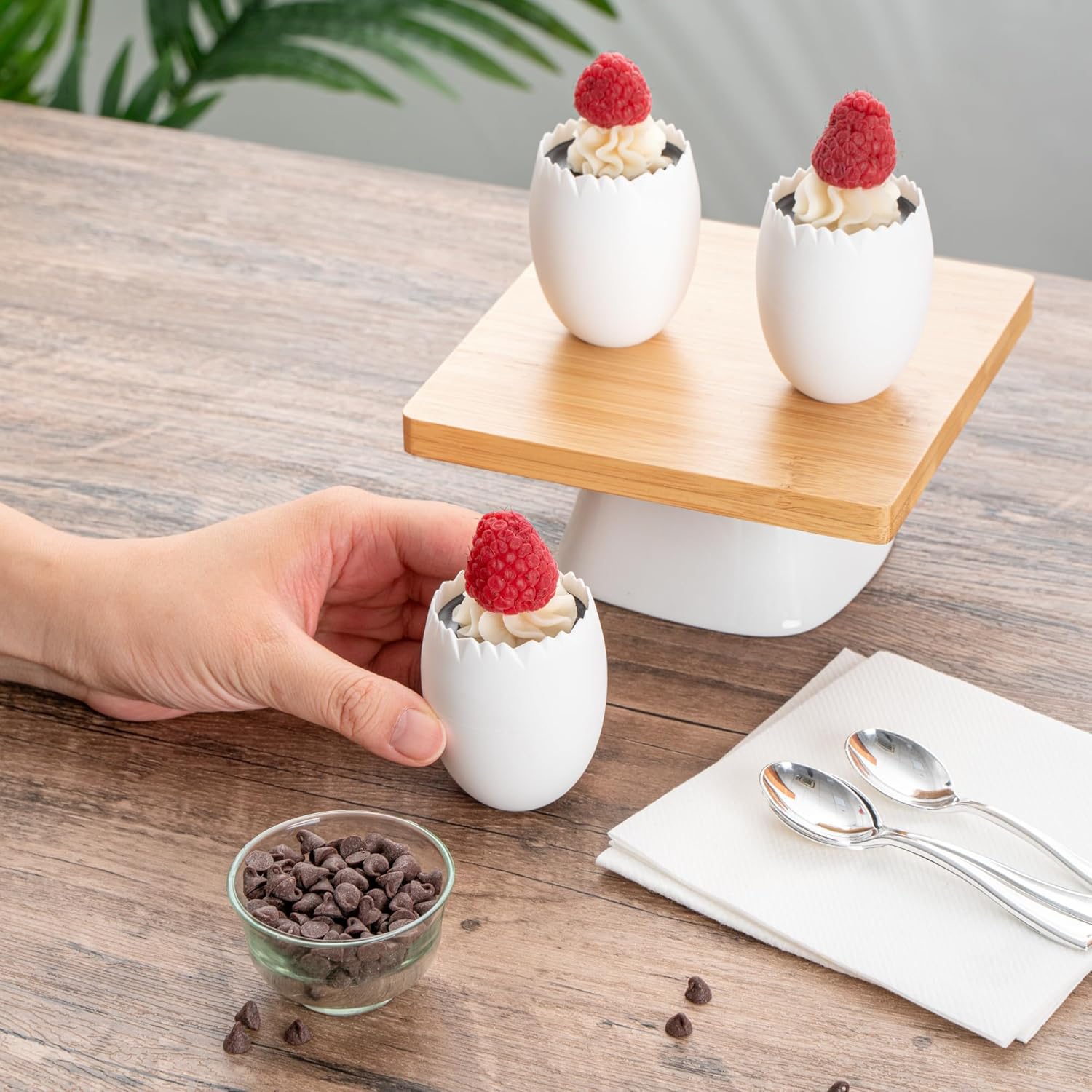 Restaurantware 2 Ounce Dessert Cups 100 Disposable Pudding Cups - Cracked Egg Design Serve Appetizer Or Desserts White Plastic Parfait Cups Premium For Buffets Catered Events