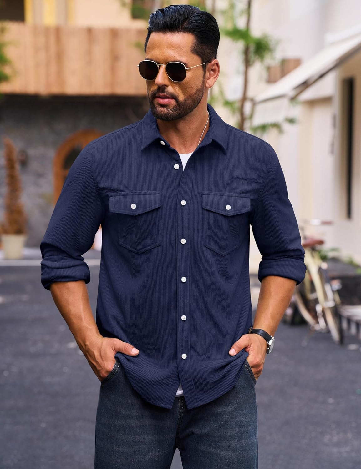 Cotrasen Men's Corduroy Shirt Jacket Button Down Long Sleeve Ribbed Shacket Lightweight Overshirt with Flap Pockets - Image 2
