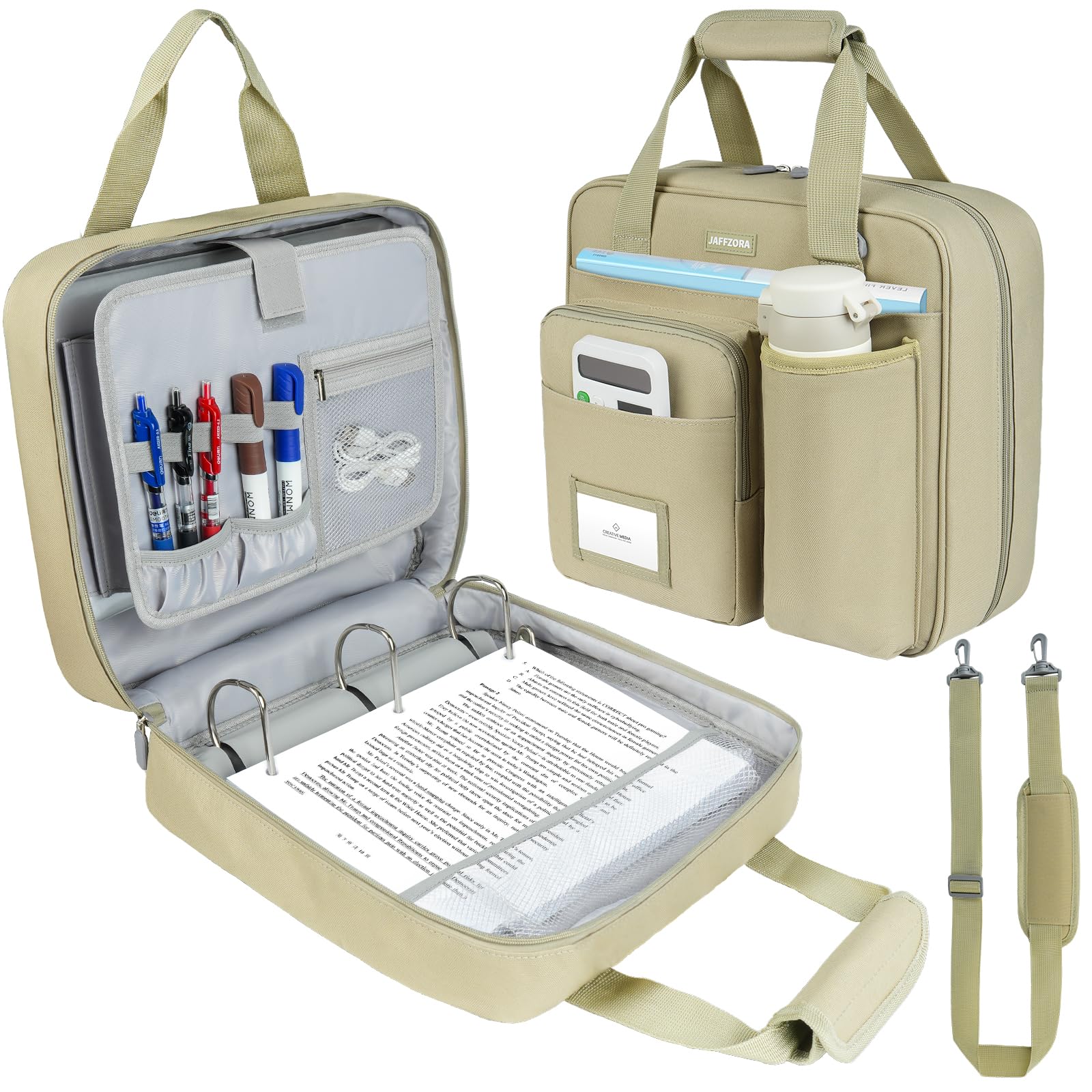 Zipper Binder 3 Ring with Shoulder Strap, 700 Sheets Capacity 3 Inch Binder with Zipper Fits 13 Inch Laptop for School and Office,Khaki