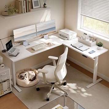 OffiGo Corner Desk, 180 x 140 cm Electric Standing Desk with 3 Memory Smart Panels, Reversible L Shaped Rising Table, Height Adjustable Table for Home Office Workstation, White