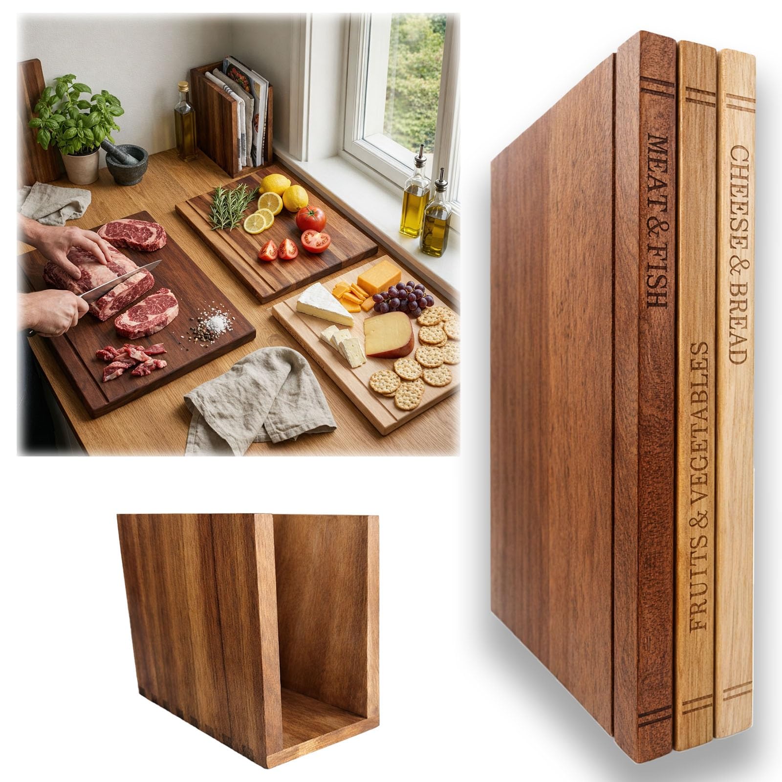 Set de Tablas de Cortar de Madera Maciza con Forma de Libro Antideslizantes con Ranura Antigoteo, 3 Tablas de Cortar de Madera Diseño Libro, Soporte Ahorrador de Espacio Incluido, Fácil de Limpiar