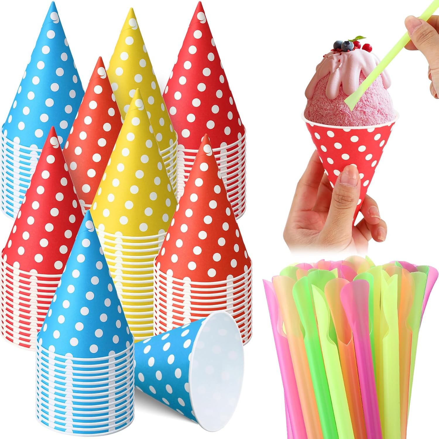 Eaasty 1000 Pcs Snow Cone and Straws Cone Cups 4.5 oz Spoon Straws Disposable Paper Cups Straw Spoon for Slush Shaved Ice Cream Sorbet Water (Colorful)