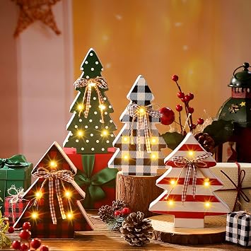 Kigley 4 Pcs Wooden Christmas Table Top Decor Tree Christmas Table Centerpiece Light up Farmhouse Wood Trees Sign with Light Battery Operated Gifts for Holiday Xmas Home Winter Party Decorations
