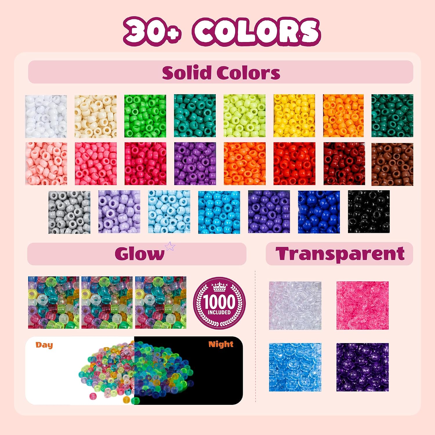 10200Pcs Pony Beads Bulk, 30+Colors, 1000 Glow in the Dark Beads Included, Kandi Beads for Bracelets, Hair Beads for Braids, Friendship Bracelet Making Kit, Necklaces Keychains 6x9mm