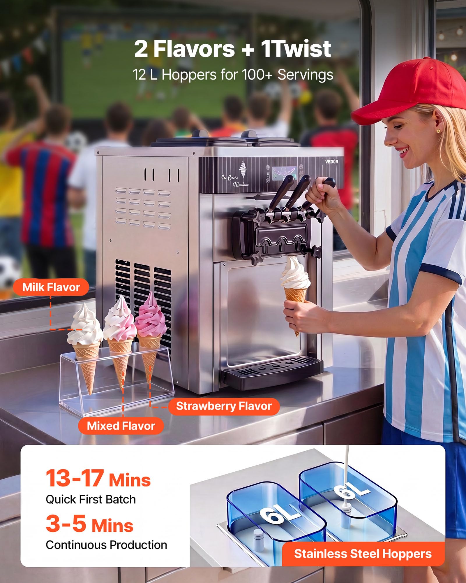 VEVOR Macchina per Gelato Soft Commerciale 2200 W da Banco Pruduzione 20-28 L/h, Macchina per Gelato Morbido Pre-Raffreddamento Autopulente Display LED Unità da Tavolo per Bar Ristorante Albergo Hotel