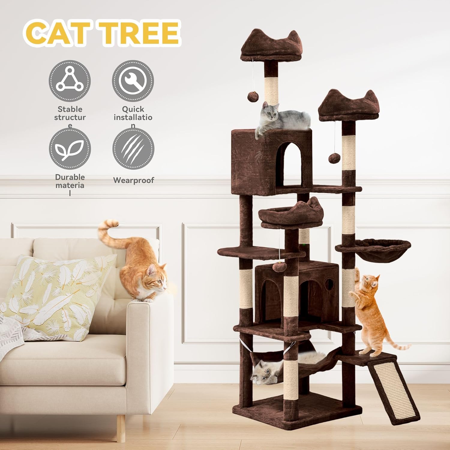 DWVO 75 in Multi-Level Cat Tower: Tall Cats Tree for Indoor Kittens, Pet Furniture with Kitty Condos, Top Perches, Sisal Ramp Scratching Posts, Cozy Basket, Hammocks, Brown
