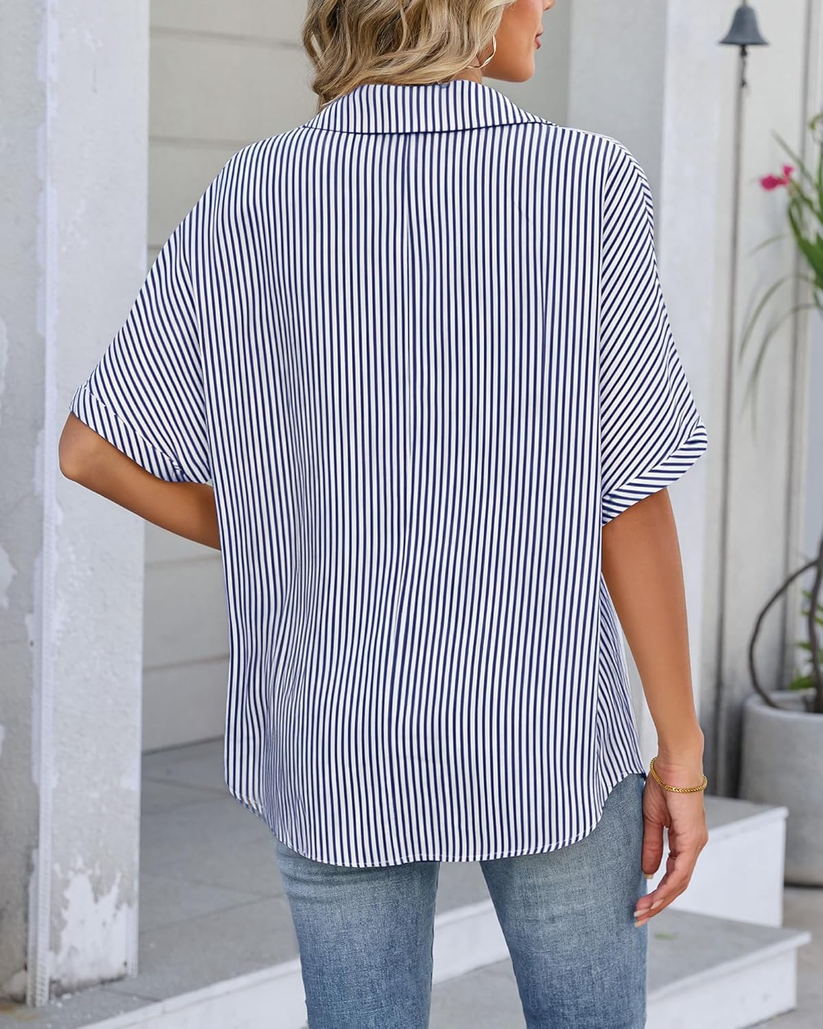 Womens Loose Fit Shirts Short Sleeve Striped Shirt Casual Collared Tops Women Office Work Blouses - Image 4