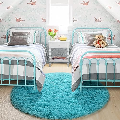 Miniatura 7 de Alfombra azul redonda para dormitorio, 4 x 4 pies, ovalada mullida para habitación de niños, tapete peludo para habitación de adolescentes, alfombra