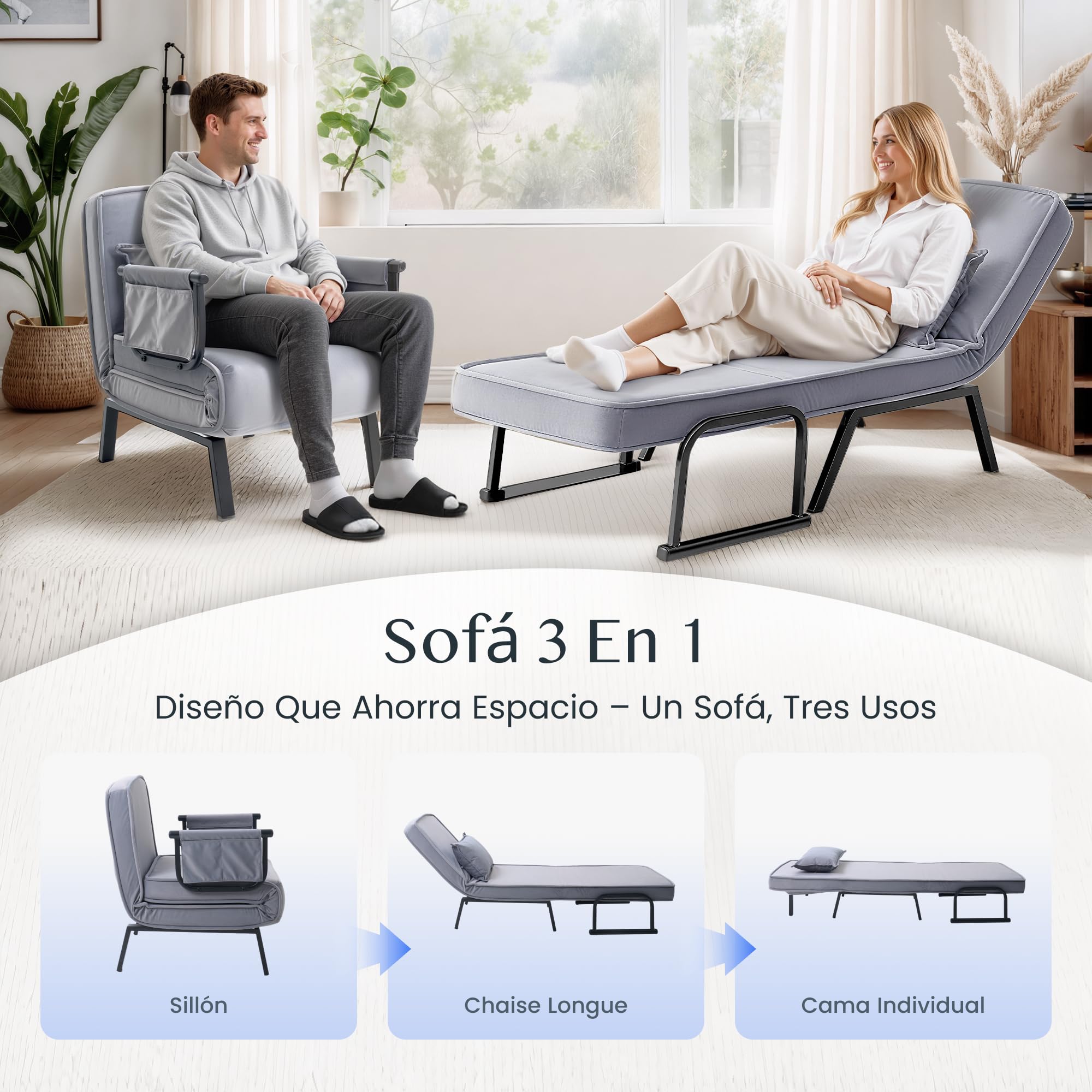 FLEXISPOT Sillón Cama 3 en 1 con función de Cama, Respaldo Ajustable, sofá Cama de Lino con Bolsillo Lateral, Patas Plegables, Ahorra Espacio para salón, Dormitorio u Oficina (Gris)