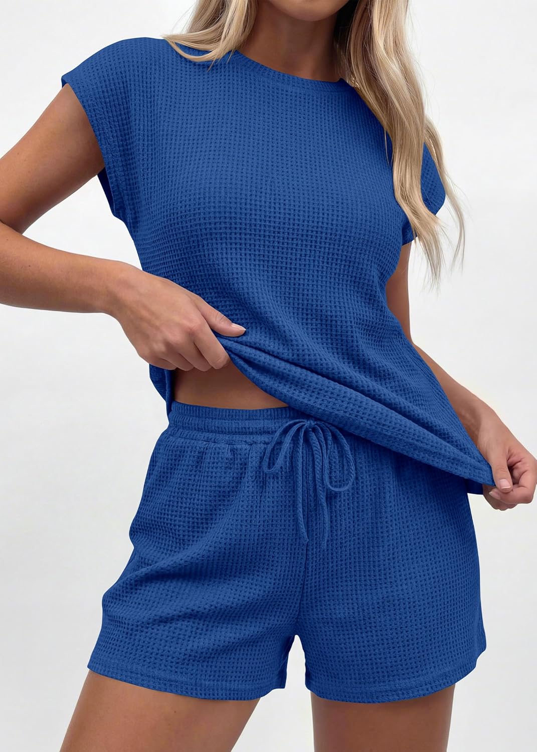 KIRUNDO Short Sets For Women 2026 Summer Cap Sleeve Two Piece Set Waffle Knit Matching Lounge Drawstring Vacation Outfits