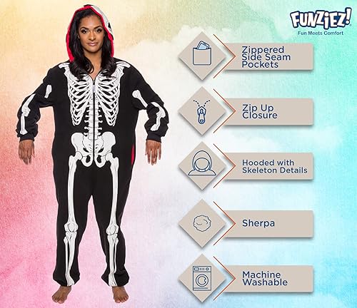 Miniatura 4 de Funziez! Mameluco de esqueleto que brilla en la oscuridad para adultos, disfraz de Halloween, traje de cosplay de una pieza de felpa para adultos