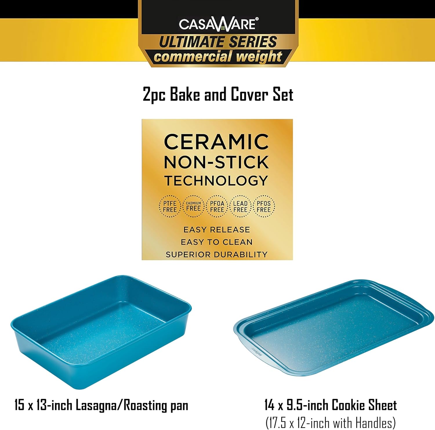 casaWare Ceramic Coated Non-Stick 2pc Bake & Cover Set Ultimate Commercial Weight, 15x10x3-inch Deep Lasagna/Roaster Pan and 14x9.5x3/4-inch Cookie Sheet/Baking Cover Pan with Handles (Blue Granite)