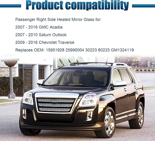 Miniatura 5 de Reemplazo de cristal de espejo con calefacción lateral derecho para GMC Acadia Saturn Outlook Chevrolet Traverse 2007-2016, vidrio de espejo convexo