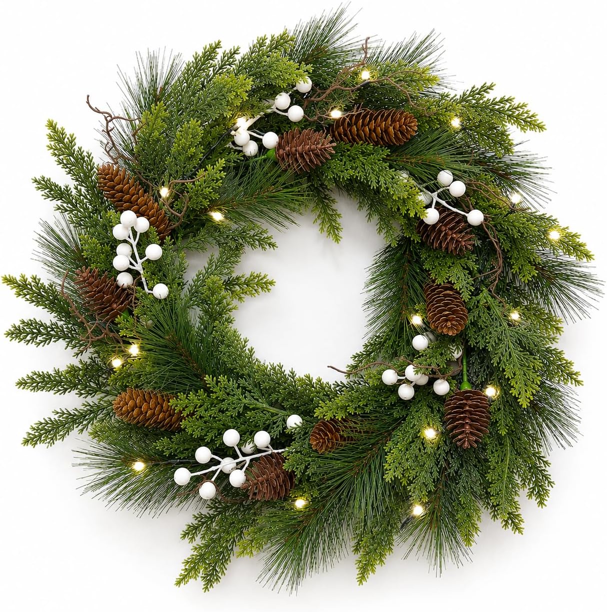 24" Pre-Lit Christmas Wreath for Front Door, Artificial Cedar Wreath | Long & Mini Pinecones, White Berries & Warm White Lights | Indoor Outdoor Farmhouse Winter Décor