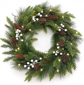 24" Pre-Lit Christmas Wreath for Front Door, Artificial Cedar Wreath | Long & Mini Pinecones, White Berries & Warm White Lights | Indoor Outdoor Farmhouse Winter Decor